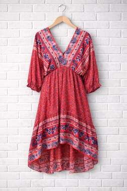 Anna-Kaci Women's Red Mixed Print Boho V-Neck High-Low Midi Dress